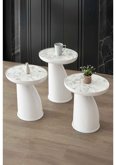 Elips 3'lü Sehpa, Yan Sehpa, Zigon Sehpa - Beyaz & Beyaz Mermer Desenli Tabla Beyaz Gövde & Beyaz Mermer Desenli Tabla