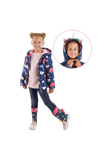 Denokids Unicorn Kız Çocuk Su İtici Kapüşonlu Şişme Mont Lacivert Çok Renkli
