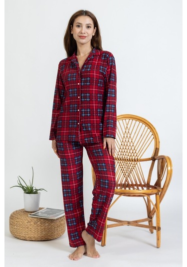 Yeni Sezon Düğmeli Ekose Desen Kırmızı Süet Kadın Pijama Takımı 5503-kırmızı Kırmızı