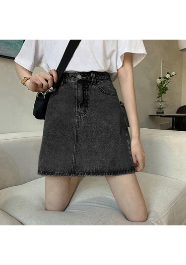 Siyah&gri Yaz Retro Basit Yüksek Bel Kot Etek Kadın Evaze Elbise Moda Yarım Uzunlukta Rahat Kısa Kot Pantolon Etek Siyah - Gri