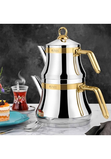 Lines Naz Orta Boy Paslanmaz Çelik Kapsül Tabanlı Çaydanlık Takımı Altın