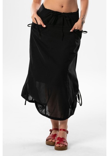 Gökşen Vual Bağlama Ve Lastik Detay Midi Boy Yazlık Otantik Etek Siyah Syh-siyah Siyah