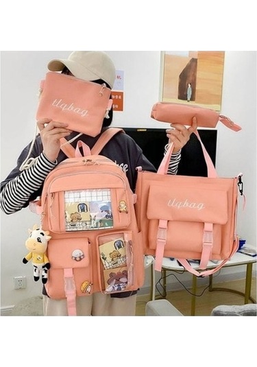 Aubyhe Kız Çocukları İçin Hafif Okul Çantası, Büyük Kapasiteli Çift Omuzlu Çanta, Pembe Dörtlü Set Ve Aksesuar Dahil Pembe
