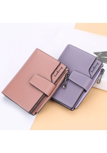 Dofolink Kadın Pu Deri Çift Katlı Cüzdan, 15 Kartlık, 3 Fotoğraf Bölmesi, Para Ve Zip Cebi, Basma Kapanma, Portatif Mor Renk N5013 Mor