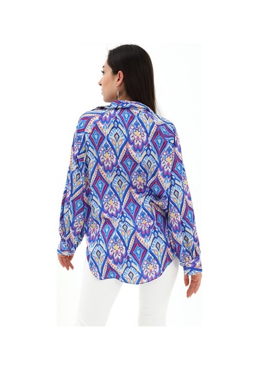 Reglan Kol Baskılı Saten Gömlek - Mavi-mavi Mavi