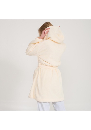 Welsoft Kapüşonlu Peluş Kadın Sabahlık Ekru