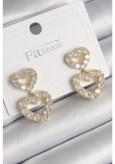 Pirinç Gold Renk Zirkon Taşlı Sallantı Kalp Model Kadın Küpe Çok Renkli