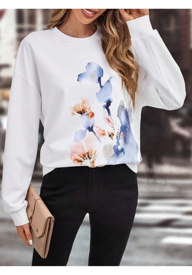 Floral Print Drop Shoulder Sweatshirt-trzksw114 Çok Renkli