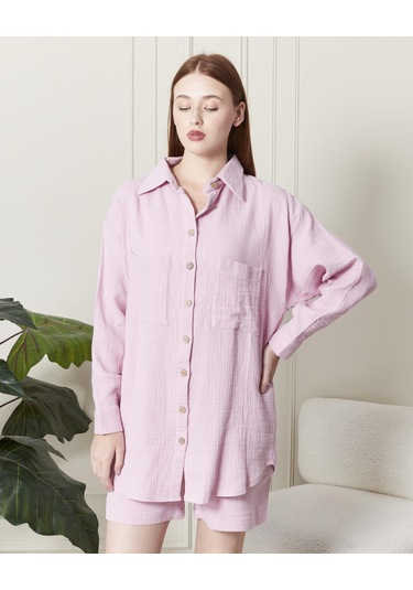 Soft Koton Kumaş Şort Gömlek Takım-3300-pembe Pembe
