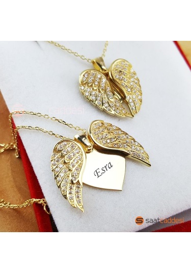 Isme Özel Gümüş Kalbimdeki Sır Melek Kanadı Altın Sarısı Kolye