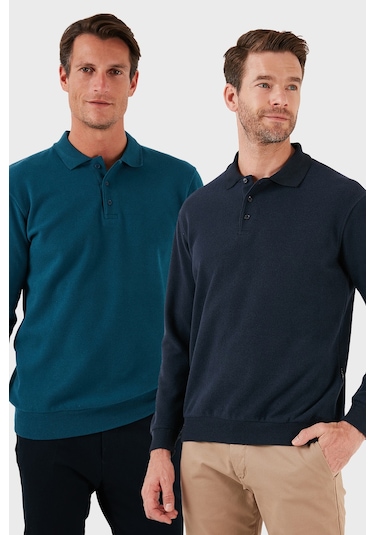Buratti Pamuk Karışımlı Regular Fit 2'Li Paket Erkek Polo Yaka Kazak 456223S2 Lacivert-Petrol
