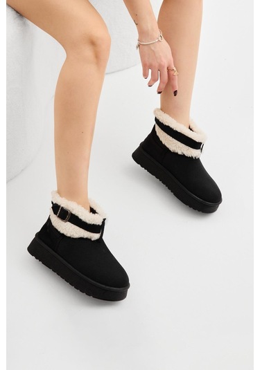 Kalın Poli Taban Kürk Detaylı Süet Görünümlü Kadın Siyah Günlük Bot Tbldy540 Siyah