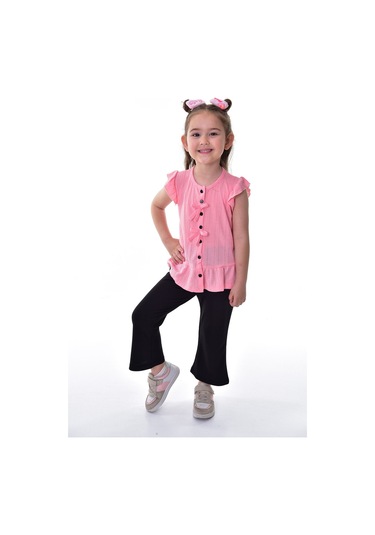 Fırfır Kollu Düğmeli Fiyonk Detaylı Kız Çocuk Alt-üst Takım Pembe