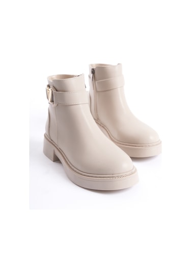 D802 Kadın Yanı Tokalı Ortopedik Soğuk Geçirmez Bot Bej
