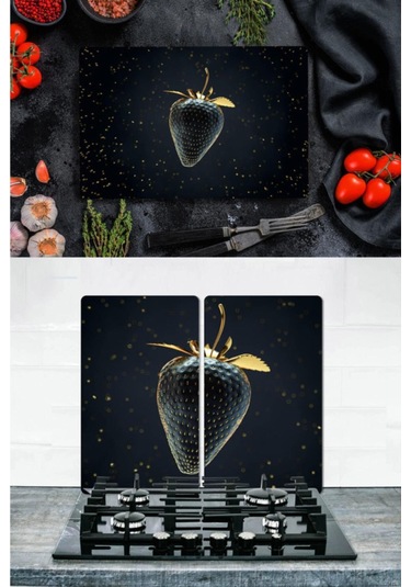 Takım Halinde Altın Çilek 20X30 CM Kesme Tablası ve 40X52Cm Cam O