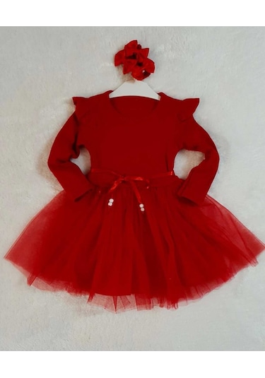 Kız Çocuk Kırmızı Pamuklu Tül Uzun Kol Özel Gün Doğum Günü Abiye Günlük Prenses Elbise Kırmızı