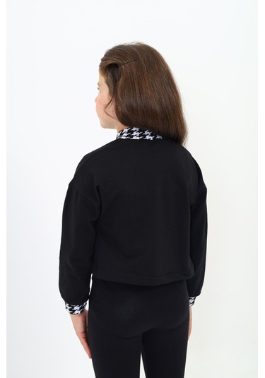 Toontoy Kız Çocuk Kolej Yaka Çıtçıt Kapama Baskılı Renk Bloklu Örme Hırka - 2 İplik Şardonlu Siyah