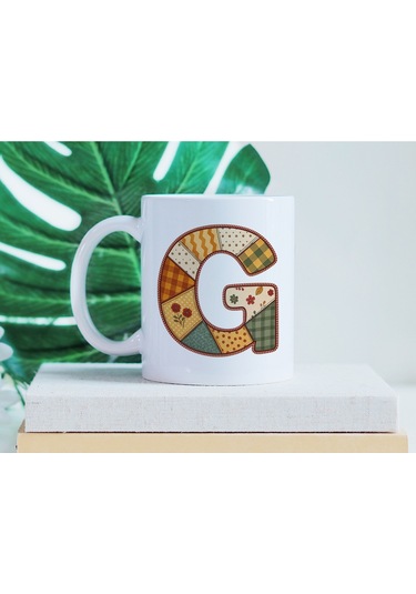 G Harfi Sonbahar Kış Temalı Yamalı Tasarım Kupa Bardak - Etnik Ve Pathwork Severlere Özel Hediye Beyaz