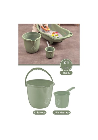 2 Li Bebek Banyo Su Kovası Ve Maşrapası Seti, Saplı Oluklu Kova 13lt Ve Maşrapa 1,5lt Set Yeşil Yeşil