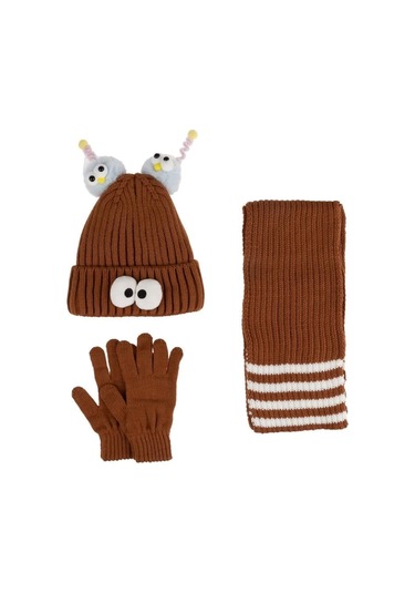 Kitti Çocuk Kız Atkı Bere Eldiven Takım 4-8 Yaş K24170-09 Kahverengi Kahverengi