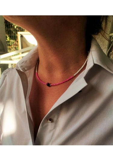 GOLD KAPLAMA ASORTİ DOĞALTAŞ PEMBE BONCUK KOLYE-KOL123 Bakır