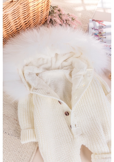 Triko Örgü Kışlık İçi Welsoft Astarlı Kapüşonlu Kız/erkek Bebek Tulum Krem