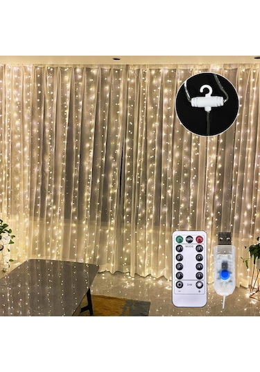 Neevoyu 3x3m 300 Led Perde Işığı 8 Aydınlatma Modu Usb Şarjlı Kumandalı Sıcak Beyaz Festivite Dekorasyonu Sıcak Beyaz