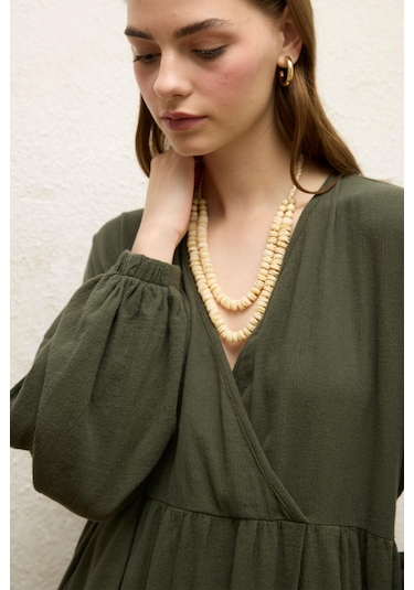 Manuka Pamuklu Kruvaze Elbise Zümrüt