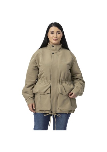 Büyük Beden Çıtçıt Ve Fermuar Kapamalı Beli Büzgülü Astarlı Çağla Yeşili Trençkot Çağla Yeşili