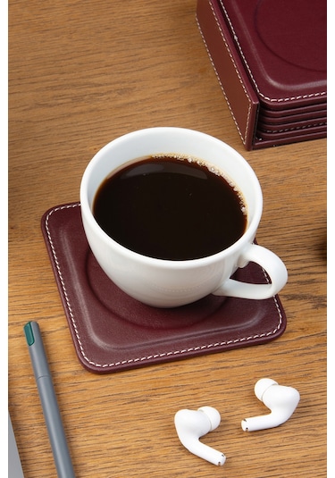 Bardak Altlığı,6 Lı Set,masaüstü Yuvarlak Cup Coaster,vegan Suni Deri,11x11 Cm.,bordo Bordo