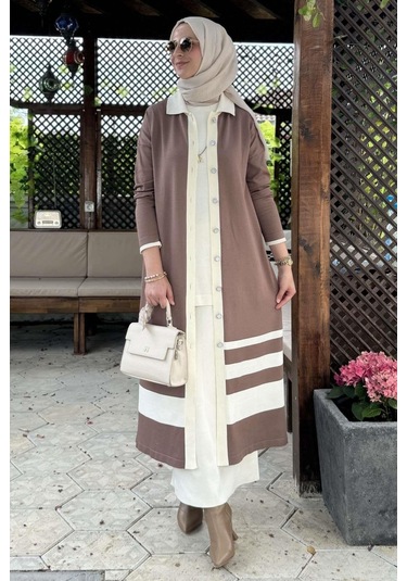 İmge Çizgili Triko Hırka Sütlü Kahve Çok Renkli