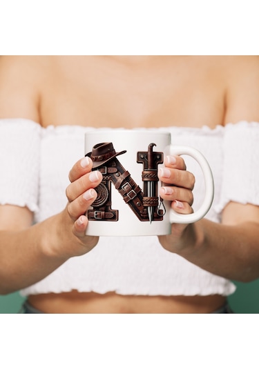 N Harfi Kovboy Temalı Bardak 330 Ml İsim / Harf Kişiye Özel Hediye - Vahşi Batı Konsept Beyaz