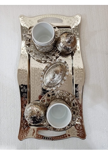 Osmanlı Motifli 2 Kişilik Kahve Fincan Takımı Gümüş İşlemeli