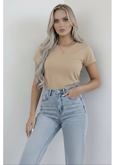 Hashtag Kadın Bisiklet Yaka Kısa Kollu Body Basic Tişört Viskon Kumaş Bej