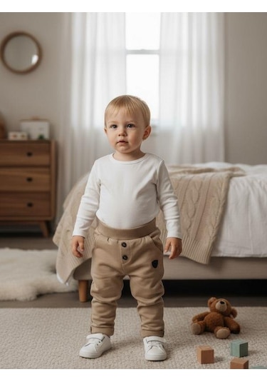 Zekids Erkek Çocuk Pamuklu Lastikli Duble Paça Eşofman Altı-16388 Bej