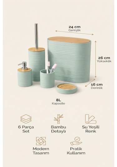 Makri Home 6 Parça Su Yeşili Banyo Seti, Bambu Detaylı, 8l Çöp Kovası 24x26x16 Cm Mint Yeşili
