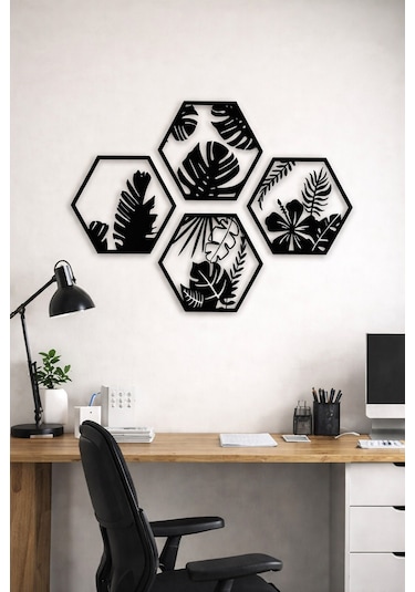 Hexaleaf Tropikal Yaprak Desenli Altıgen Ahşap Duvar Dekoru