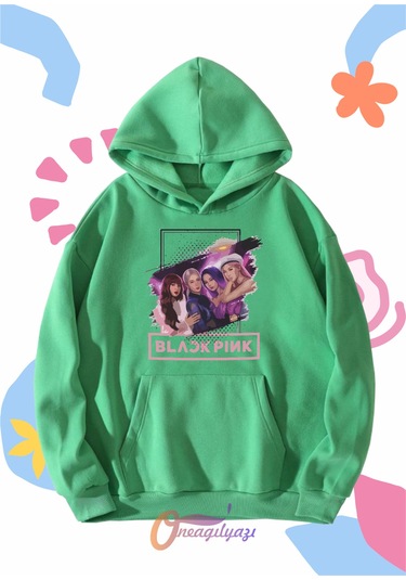 Çocuk Unisex Blackpink Kızlar Baskılı Oversize Kapüşönlü Sweatshirt Yeşil