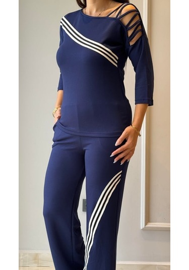 Tua Moda Kadın Uzun Kollu Truvakar Kol Tek Omuz Çapraz Şerit Detaylı Ribanalı Viskon Iki Iplik Bluz Ve Pantolon Ikili Takım Lacivert