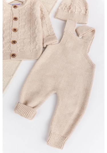 Triko Hırkalı 3'lü Ayarlanabilir Askılı Örgü Erkek Bebek Salopet Tulum Takım Set Bej
