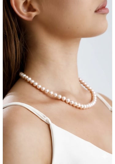 Pudra Pembe Doğal İnci Kolye Bileklik Set - Sarı