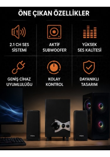 Mikado Md-222 2.1ch Active Multimedia Subwoofer Ses Sistemi Güçlü Bass