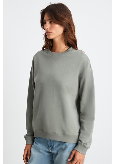 Grimelange Maıja Kadın Bisiklet Yaka İçi Polarlı Oversize Fit Basic Açık Haki Sweatshirt Açık Haki