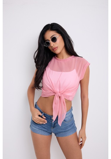 Önü Bağlamalı Tül Bluz Toz Pembe