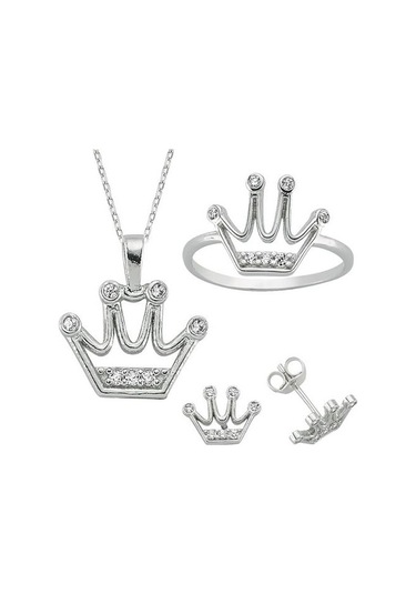Kral Tacı Taşlı Kolye Küpe Yüzük Kadın Üçlü Gümüş Set Yst15