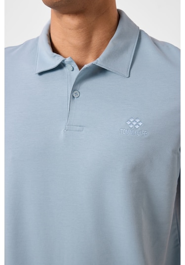 Tommy Life Buz Mavi Basic Logolu Standart Kalıp Triko Polo Yaka Erkek T-shirt - 87748 Buz Mavi