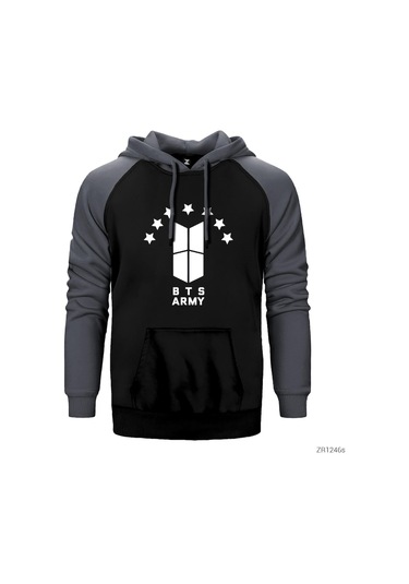 Bts 7 Yıldız Logo Gri Reglan Kol Kapşonlu Sweatshirt Gri