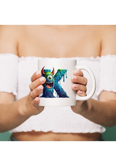 K Harfi Bardak, Sevimli Canavarlar Harflı Bardak Hediyesi Porselen Beyaz