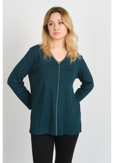 Detay Triko Kadın Boncuk İşlemeli Süs Düğme Detaylı Uzun Kol Anne Bluz 5752 Zümrüt Zümrüt