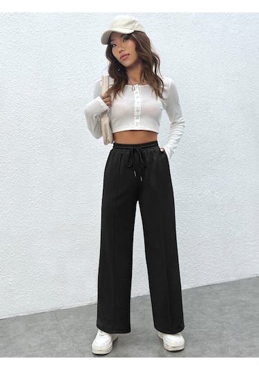 Kallima Siyah Çimalı Yüksek Bel Bol Paça Mevsimlik Eşofman Altı Siyah